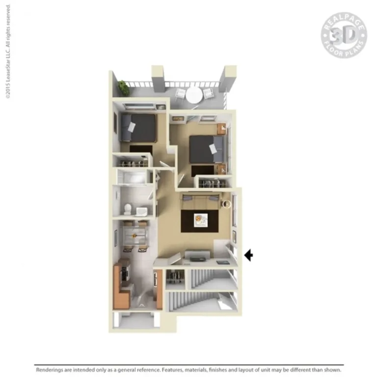 This 3D floor plan features a layout with two bedrooms. The design includes a kitchen and dining area, a living room, two bathrooms, and a small balcony with outdoor seating. The bedrooms are located at one end of the apartment, while the living and dining areas are centrally situated, offering a compact and efficient use of space.
