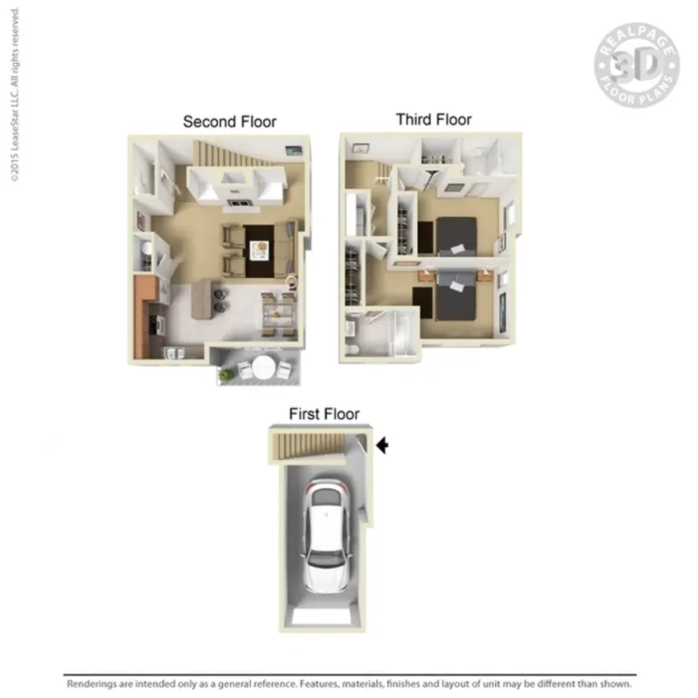 3D floor plan of a three-bedroom apartment spread over three floors. The first floor features a garage and staircase. The second floor includes an open-plan living area with a kitchen, dining, and living room. The third floor contains three bedrooms, with the master bedroom having an ensuite bathroom, along with additional bathrooms and closets.