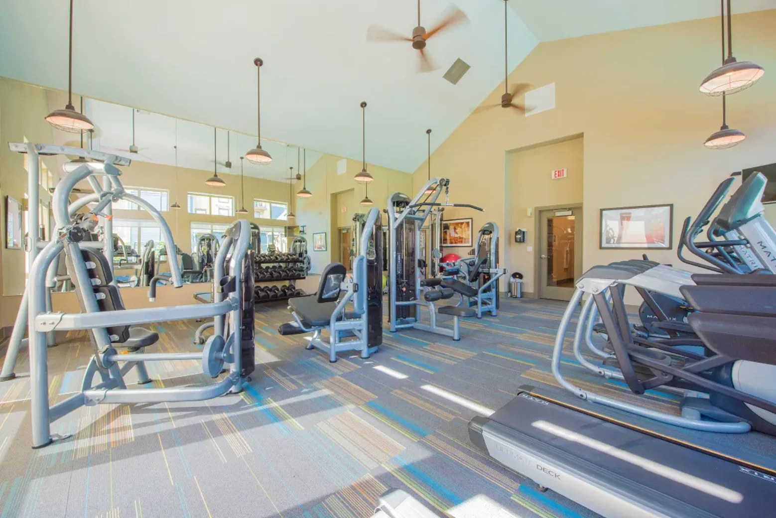 A modern gym with various exercise equipment, including treadmills, weight machines, and free weights, under a high ceiling with ceiling fans and pendant lights.