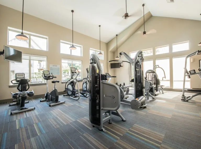 A bright gym room with various exercise machines including treadmills, stationary bikes, and weight lifting equipment. There are large windows allowing natural light and a TV mounted on the wall.