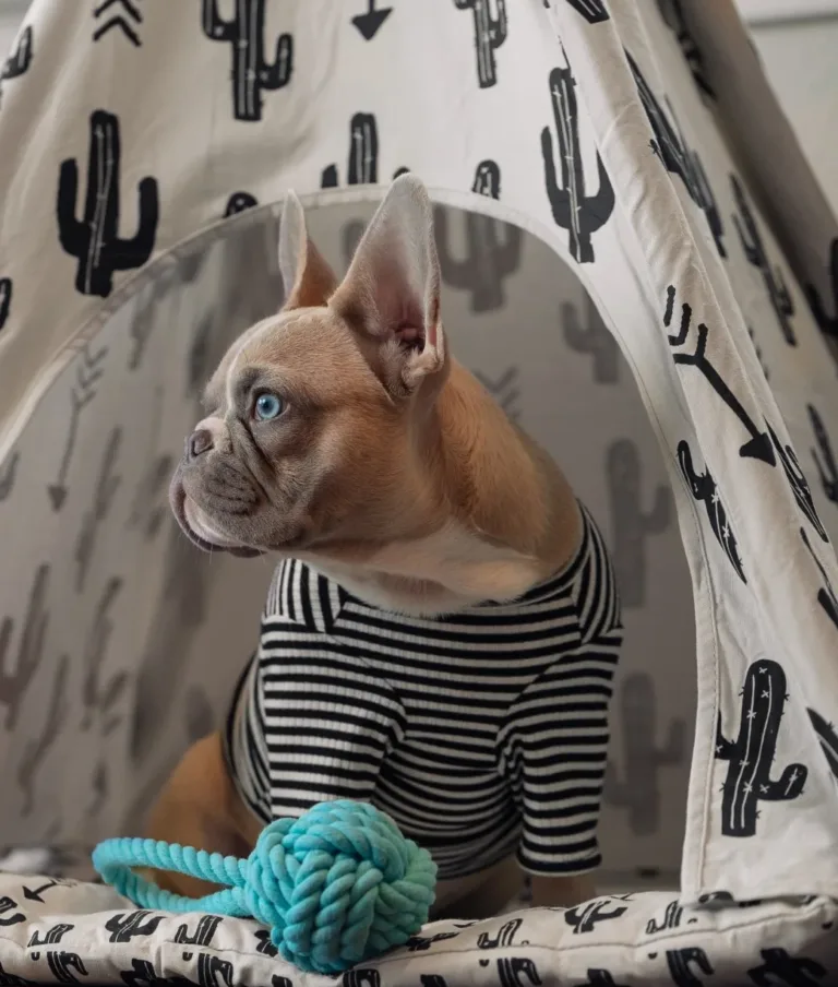 A French Bulldog wearing a black and white striped shirt sits inside a teepee decorated with black cactus and arrow patterns, with a blue rope toy in front.